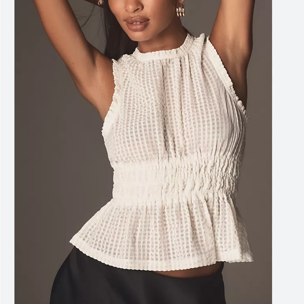 Anthropologie White Textured Smocked Peplum Tank Top